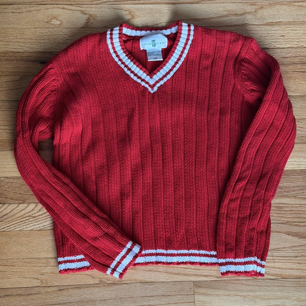 vintage red V-neck cotton sweater